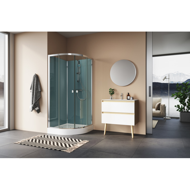 CABINE DE DOUCHE SANSWISS MODULR 1/4 DE ROND COULISSANT 90 X 90 AVEC MITIGEUR ET RAMPE DE DOUCHE MONTAGE EN ANGLE